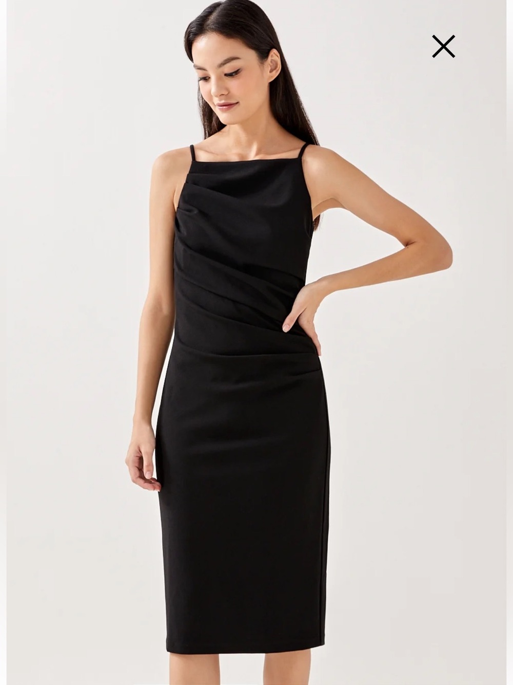 LOVE BONITO Jaena Drape Side Ruched Straight Neck Midi Dress Black Small/4 NWT